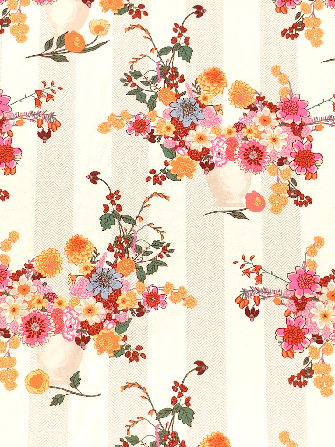 Tangerine/Hot Pink/Regal Red/Multi 100% Cotton Floral Over Vertical Chevron Stripe Print Lawn - NY Designer - 56W-weaving fabric